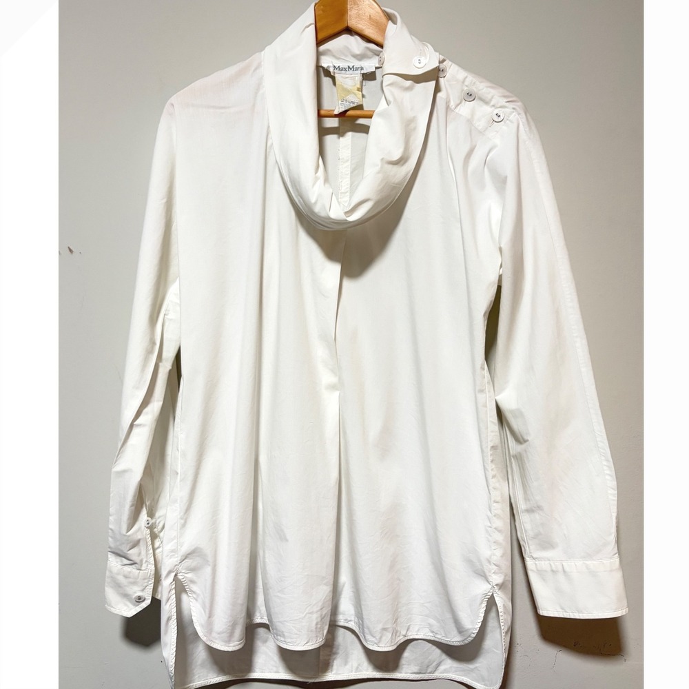 Max Mara White Cowl Neck Button Shoulder Long Sleeve Blouse Tunic US 4